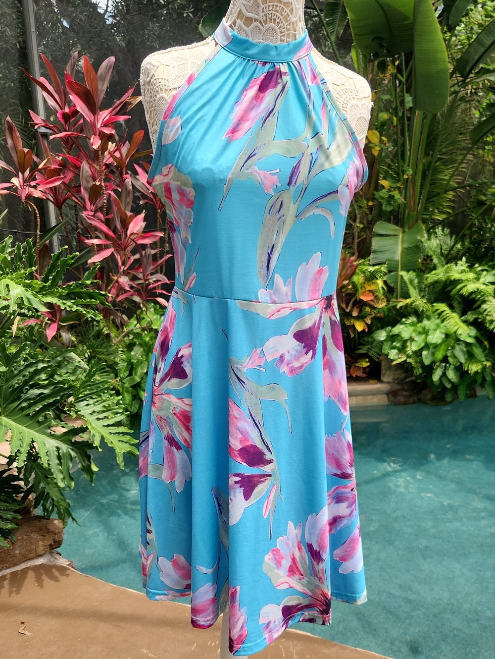 Women's Halter Floral A-Line Dress in Turquoise